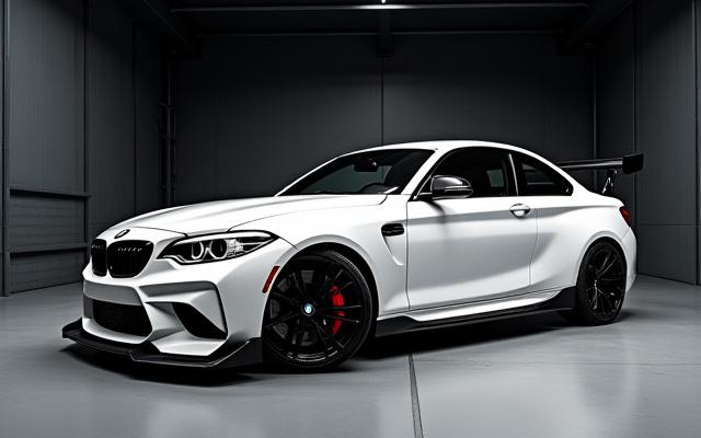BMW M2 Competition mit aggressiven Aerodynamik-Teilen in einem Hangar.