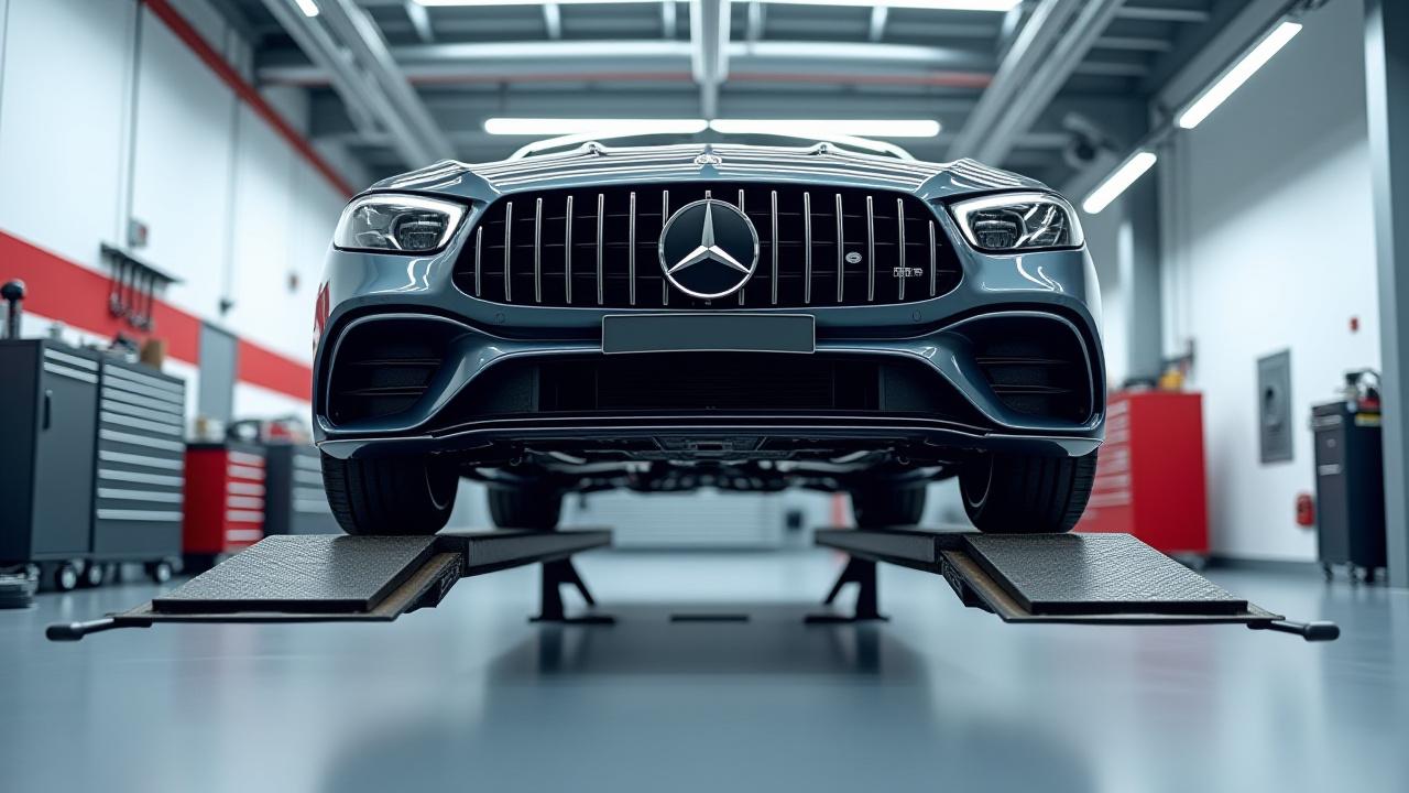 Luxuriöses Sportfahrzeug auf einer Hebebühne in der sauberen Horst & Hüll Werkstatt